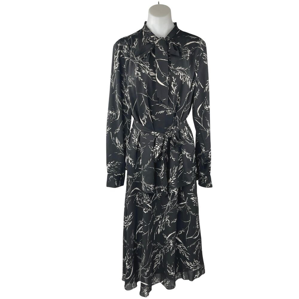 H&M Black White Printed Tie Neck Long Sleeve Blouse Midi Skirt 2-Piece Set Sz 14